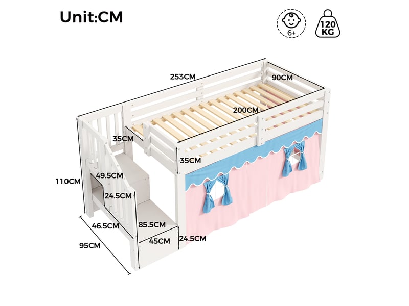 Lit surélevé 90x200 cm, bandeau avec éclairage led, voilages occultants, rangements intégrés, bois et mdf, blanc, sans matelas - Conforama C