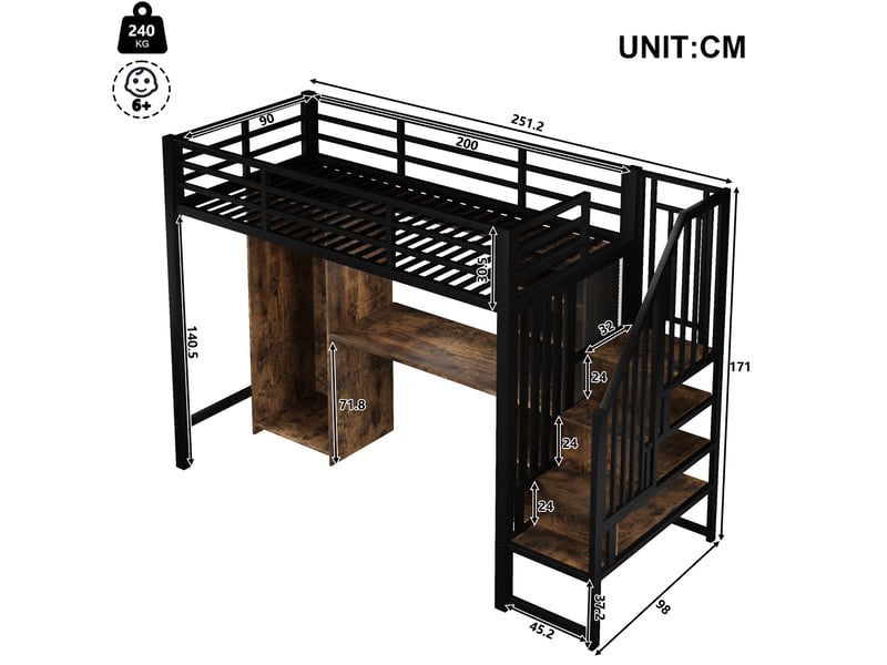  Lit mezzanine 90x200 cm avec rangement, armoire et bureau noir  - Conforama C