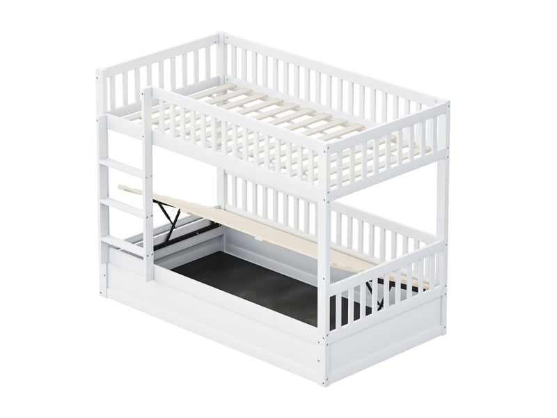  Lit superposé enfant avec rangement hydraulique, bois massif blanc, 90x200 cm, structure robuste  - Conforama D