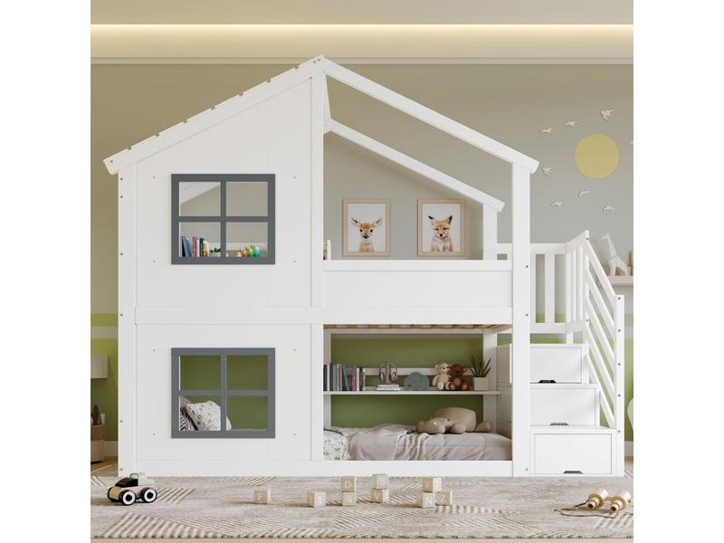 Lit cabane enfant 90x200 cm avec toit et fenêtres-échelle avec rangements-sommier à lattes en pin et mdf-blanc gris - Conforama B
