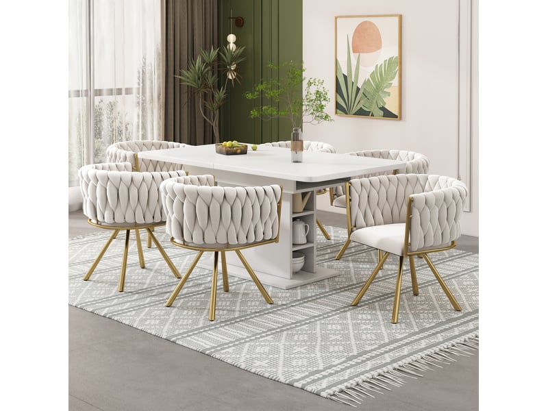  Chaises de salle à manger lot de 4 pivotantes à 360 degrés avec dossier incurvé en velours beige et doré  - Conforama D