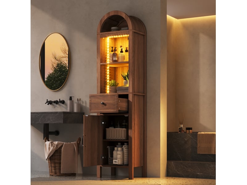 Armoire de salle de bains haute 163 cm en mdf bois foncé avec led rgb et porte réversible, rangement optimisé - Conforama D