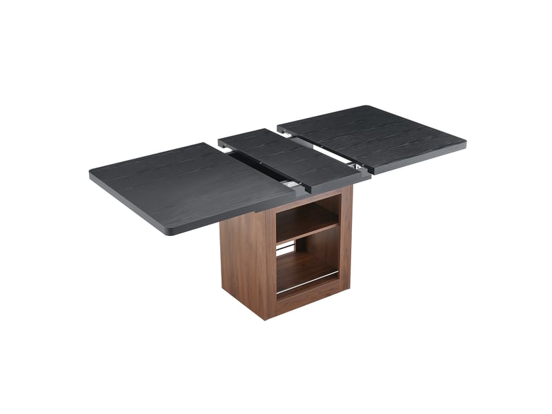  Table de séjour rectangulaire avec allonge centrale 130-160 cm avec étagères, mdf noir effet bois et noyer  - Conforama D