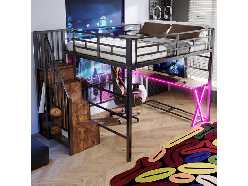  Lit mezzanine modenvie 160 x 200 cm avec bureau, armoire, étagères et échelle de rangement, éclairage led, métal et mdf, noir, sans matelas  - Conforama E