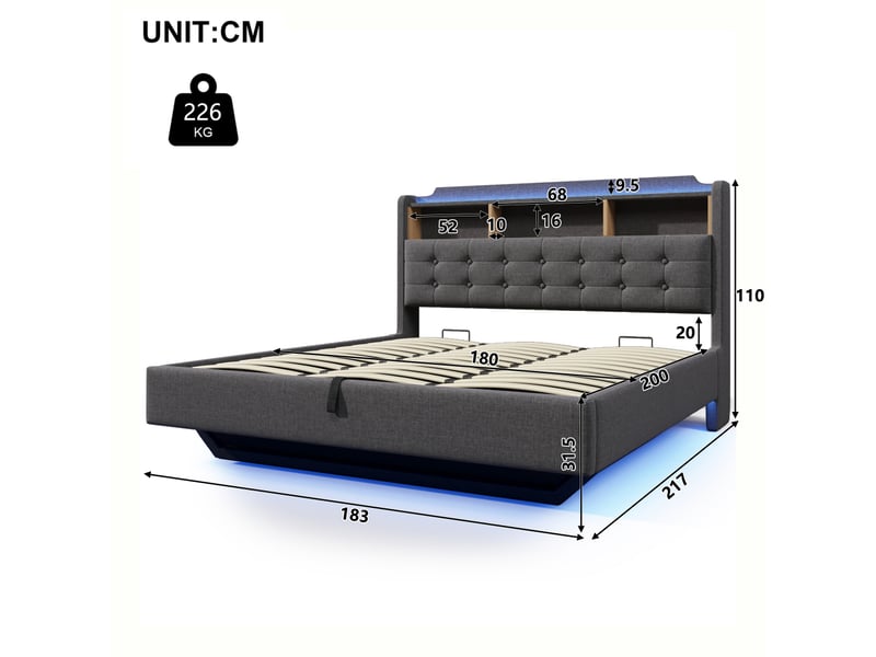  Lit capitonné, 180 × 200 cm, avec bande lumineuse led, rangement hydraulique, compartiments de rangement, design suspendu, matelas non inclus, ports usb et type-c, revêtement en lin  - Conforama C