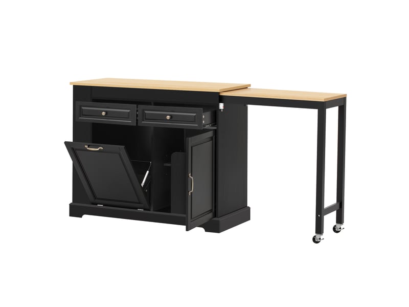 Îlot de cuisine sur roulettes noir avec plan de travail extensible, compartiment poubelle et tiroirs, 112-180 cm - Conforama A