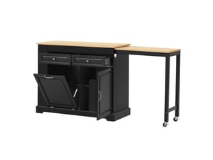 Îlot de cuisine sur roulettes noir avec plan de travail extensible, compartiment poubelle et tiroirs, 112-180 cm