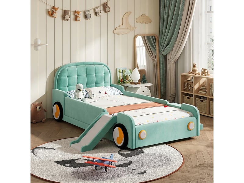  Lit voiture 90x200 cm, lit enfant, escalier, toboggan, barrière antichute, velours bleu-vert  - Conforama E