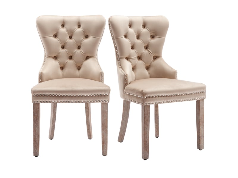  Lot de 2 chaises de salle à manger 53 x 46,5 x 95 cm beige en velours, pieds réglables en bois d'hévéa  - Conforama A