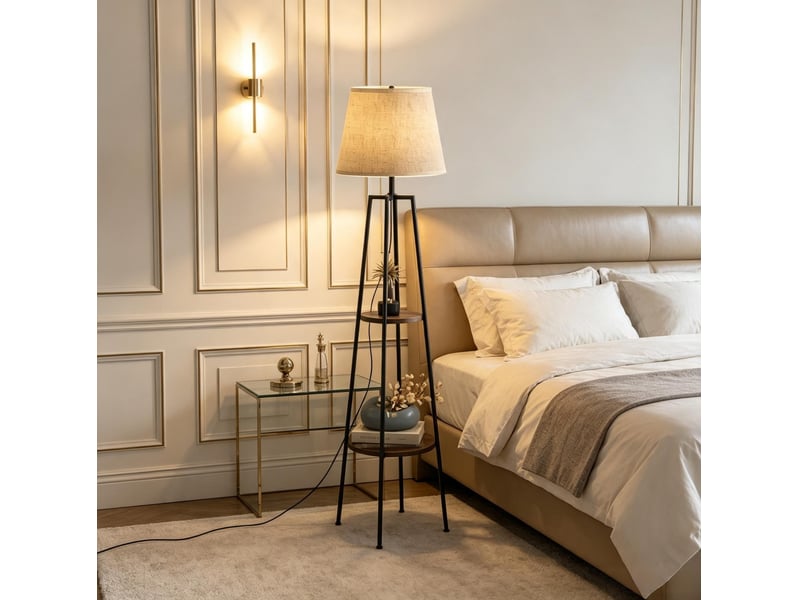  Lampadaire moderne 42x42x166 cm avec deux tablettes mdf métal noir et marron  - Conforama C