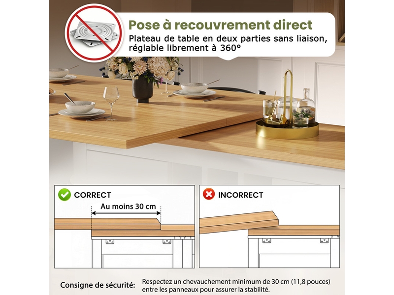  Îlot de cuisine multifonction avec table extensible, portes style grange, tiroirs et porte-bouteilles amovible, 120-197 cm  - Conforama E