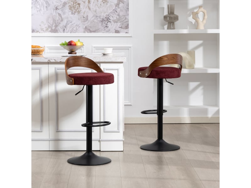 2 tabourets de bar pivotants 360° avec dossier – noyer noir, assise pu, hauteur réglable – cuisinebar lin rouge vin  - Conforama B
