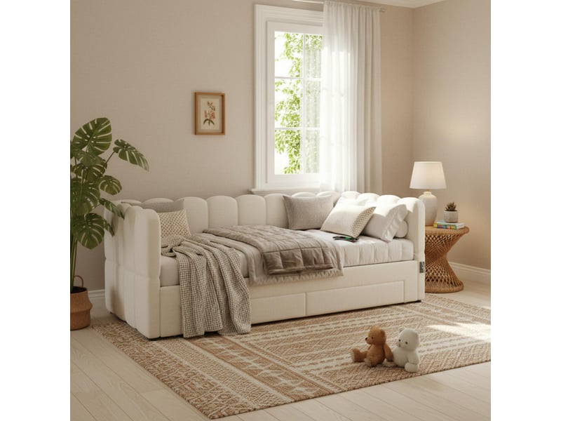  Lit rembourré 90x190 cm, canapé-lit avec 2 tiroirs de rangement, lit simple a extensible jusqu'à 180 cm, lit de jour avec port usb  - Conforama R