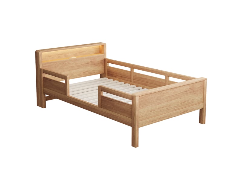  Lit enfant 90x200 cm avec rangement - lit simple, tête de lit led et usb type-c - bois de pin - 1 place - naturel  - Conforama R