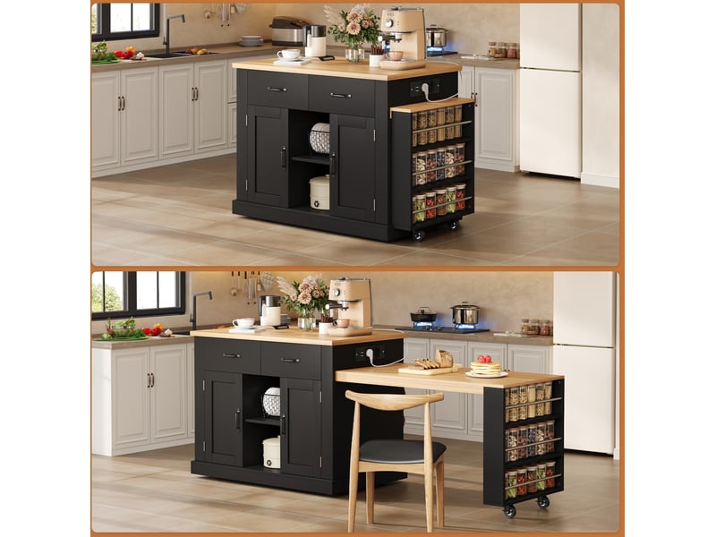 Îlot de cuisine avec table extensible, 2 portes, 2 tiroirs et prises usb, pour cuisine, mdf noir, 132 × 70 × 90 cm - Conforama C