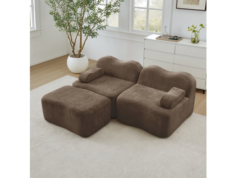  Canapé d'angle modulable 2 places avec pouf en velours marron  - Conforama C