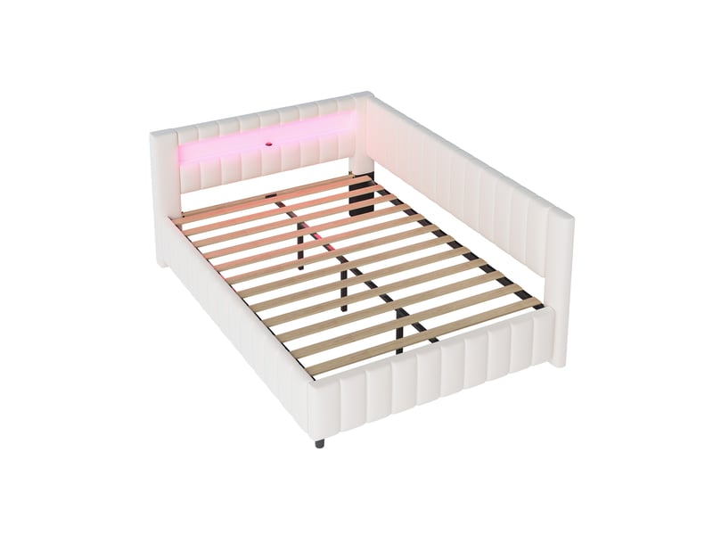  Lit d'appoint 140 x 200 cm beige en velours, forme en l avec éclairage led, port usb et sommier à lattes  - Conforama D