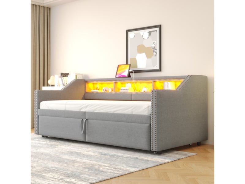 Lit gigogne 90x200 cm, lit enfant avec éclairage led, port usb et sommier à lattes, tissu en burlap, gris clair, sans matelas - Conforama C