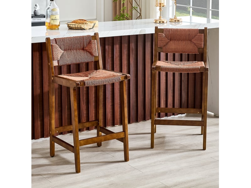  Lot de 2 tabourets de bar en bois massif avec dossier tressé, pour îlot de cuisine, couleur noyer  - Conforama C