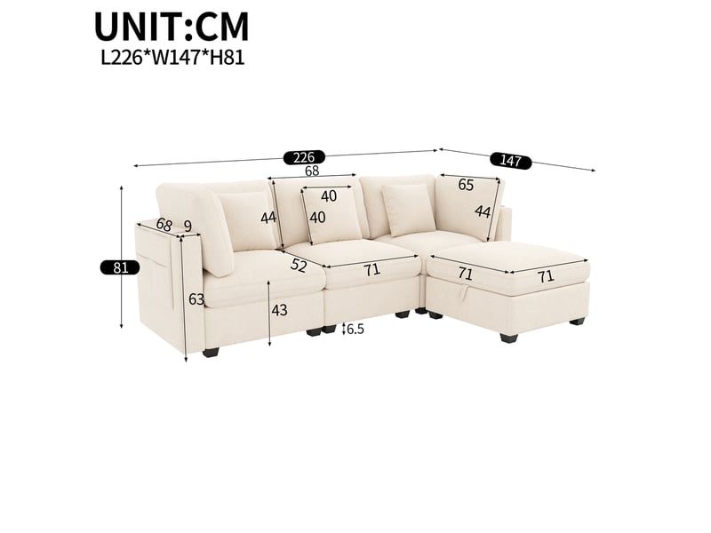 Canapé d’angle modulable avec rangement xl 4 places 226 x 147 x 81 cm canapé en l avec méridienne et pouf chenille beige - Conforama E