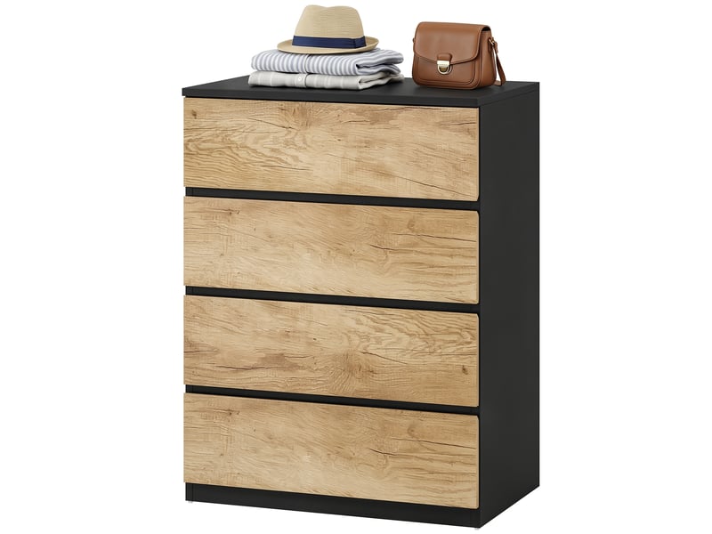  Commode à 4 tiroirs pour chambre, idéale pour le salon, la salle à manger et le couloir, coloris noir et chêne.  - Conforama B