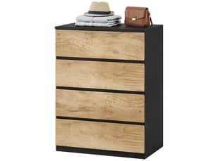 Commode à 4 tiroirs pour chambre, idéale pour le salon, la salle à manger et le couloir, coloris noir et chêne.