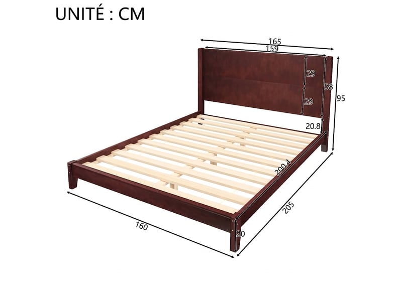 Lit plateforme 160x200 avec tête de lit et sommier en bois massif marron - Conforama C