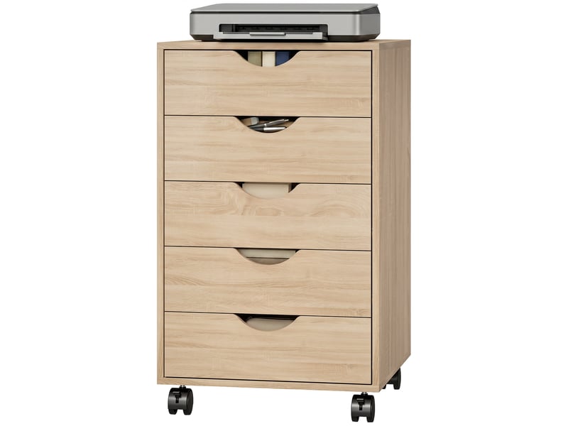  Caisson bureau mobile, meuble rangement sur roulettes avec 5 tiroirs, bois, 40 x 40 x 67 cm, chêne  - Conforama B