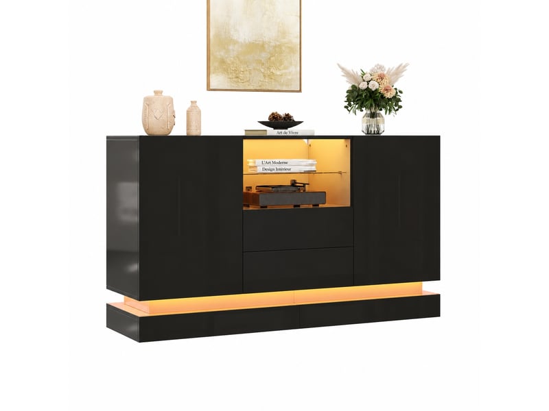 Buffet avec éclairage led noir brillant, 140 cm, 2 portes et 2 tiroirs - Conforama A