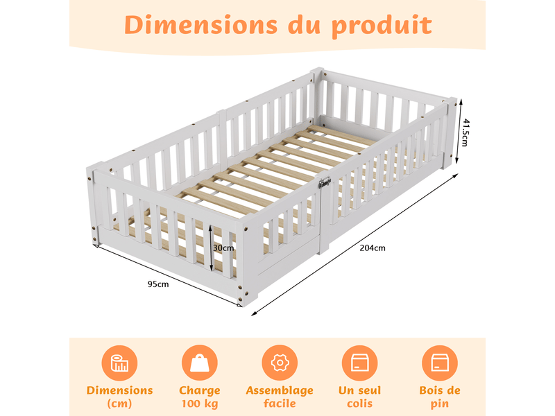  Lit montessori au sol en pin massif pour enfant, lit enfant 90x200 cm avec 30cm garde-corps de sécurité - peinture à base d’eau écologique - sommier à lattes inclus - style scandinave, lit bas pour chambre d’enfant  - Conforama C