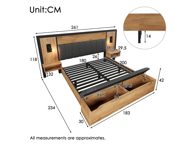 Lit coffre 180x200 cm rembourré avec banc de rangement-tables de chevet avec lampe led et usb-c-sommier à lattes effet chêne - Conforama C