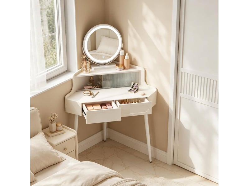  Coiffeuse d'angle 63 x 99 x 139 cm blanche en mdf, miroir rond éclairé réglable, rangements intégrés  - Conforama B