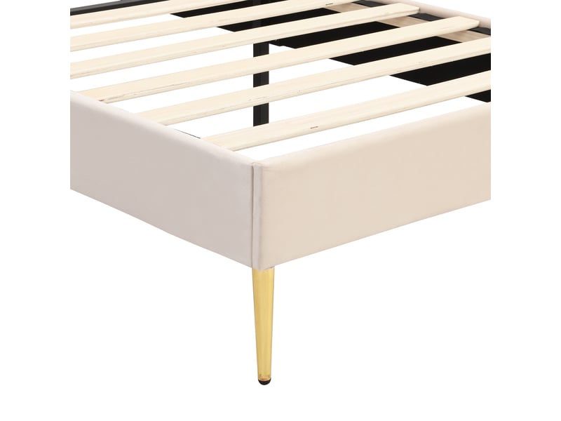  Lit simple 90x200 cm en velours, tête de lit en forme de coquille réglable et pieds dorés, sans matelas, beige  - Conforama E