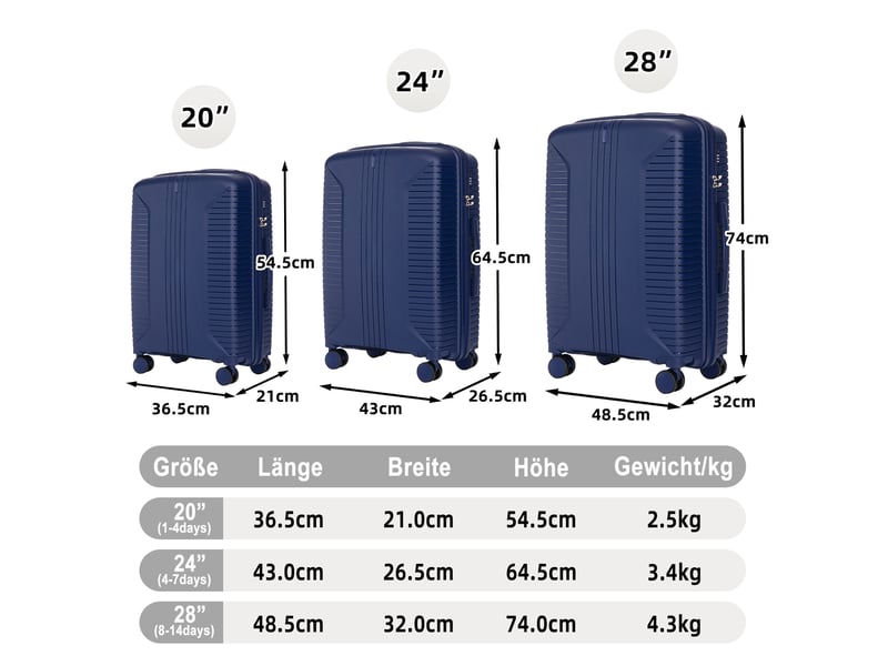  Lot de 3 valises rigides,202428 pouces,avec serrure,polypropylène,bleu  - Conforama C