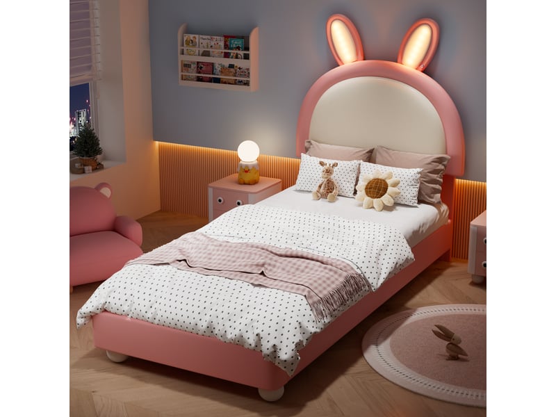  Lit enfant 90 × 200 cm 1 place avec led et bord antichoc, sans matelas, en pu rose et blanc  - Conforama C