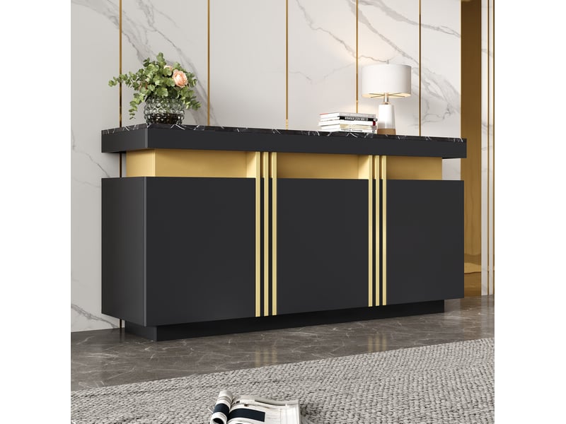  Sideboard noir et doré 3 portes avec 6 compartiments réglables - 140 x 38 x 70 cm  - Conforama C