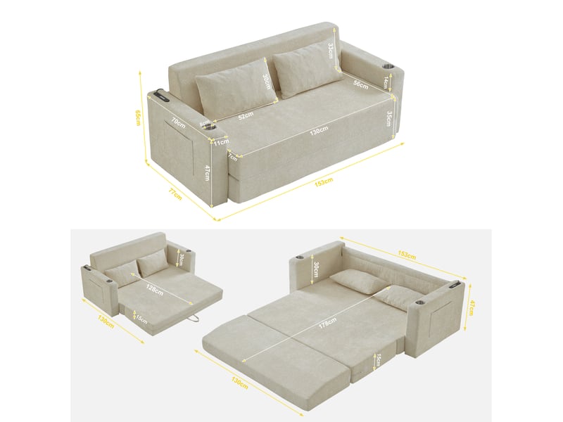  Canapé-lit modenvie 2 places convertible beige en chenille avec ports usb 153 x 77 x 65 cm  - Conforama C
