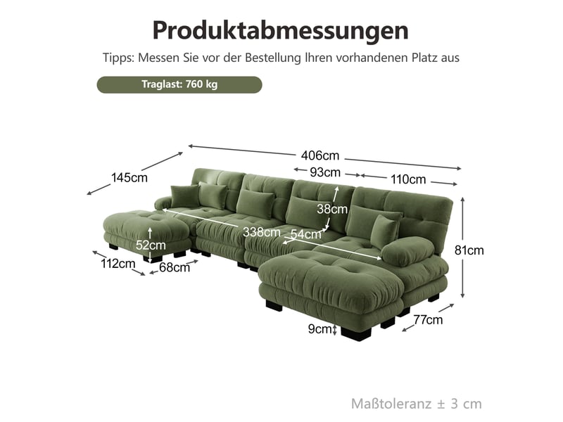  Canapé modulable 4 places en chenille vert avec ottomans mobiles  - Conforama E