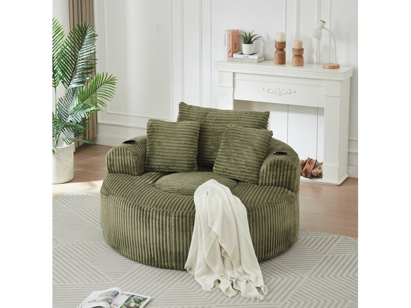 Fauteuil lounge rond 1 place en velours côtelé vert avec 3 coussins - Conforama B