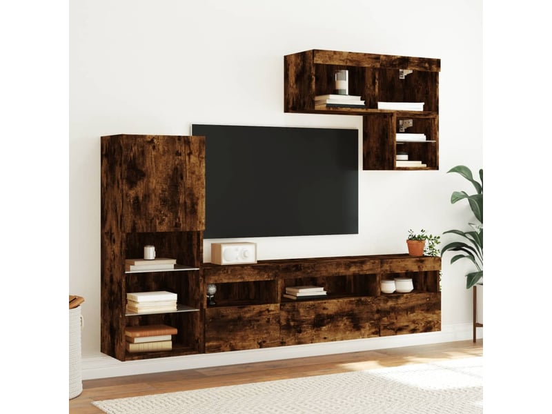 Meuble tv - unités murales tv avec led 6 pcs chêne fumé bois d'ingénierie - Conforama D