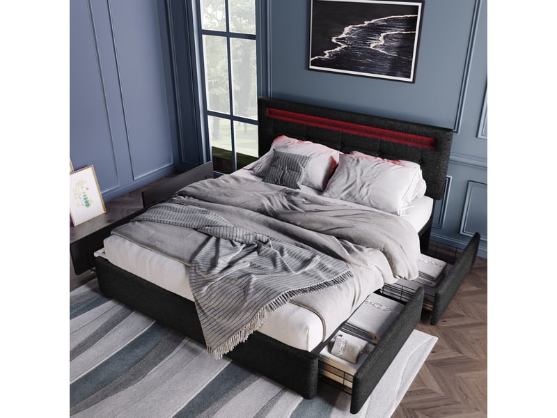 Lit 140x200 cm avec tête de lit led réglable, 4 tiroirs, sommier bois capitonné noir, sans matelas - Conforama B