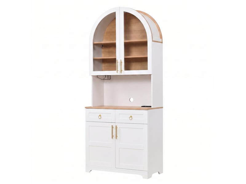 Buffet 80x40x180 cm avec vitrine en verre cintrée, éclairage led, prise intégrée et usb, 2 tiroirs, mdf, coloris blanc - Conforama A