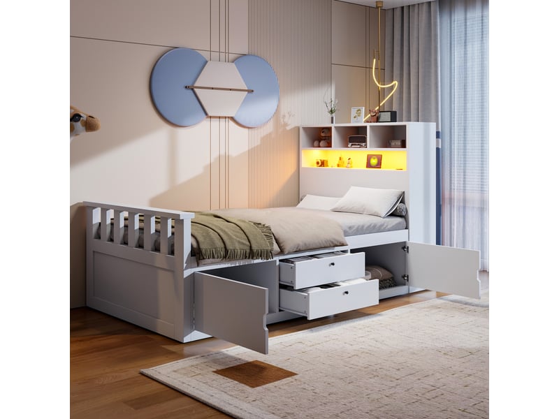  Lit en bois 90 × 200 cm – avec espaces de rangement – ​​inclut 2 tiroirs – équipé d’un ruban led et d’un port de chargement usb – blanc (matelas non inclus)  - Conforama E