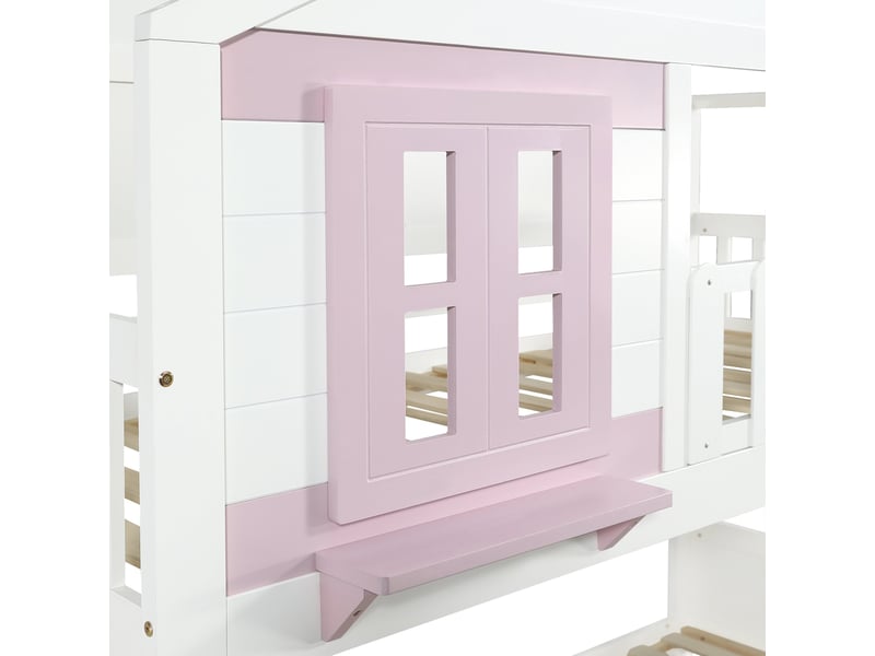  Lit superposé enfant 90x200 blanc et rose avec rangement, tiroir et penderie  - Conforama D
