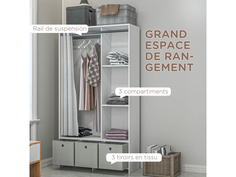  Armoire penderie avec tringle 3 tiroirs tissu et rideau blanc 105 x 48 x 160 cm  - Conforama E