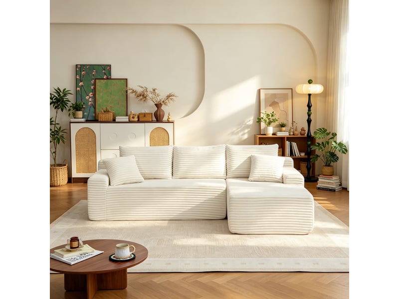  Canapé d’angle modulaire en velours, canapé bas haut de gamme, rembourré mousse, droite, chambresalon, 79x239x156 cm, beige  - Conforama D