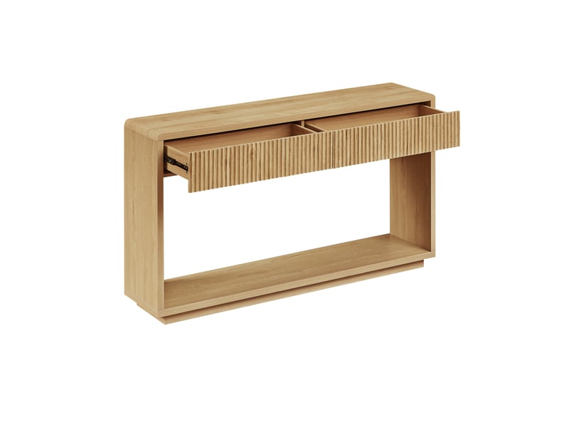  Console d’entrée moderne 150 cm chêne clair avec 2 tiroirs et étagère ouverte inférieure  - Conforama E