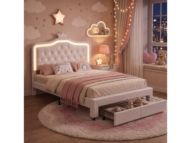  Lit double 140x200 cm avec 2 tiroirs, lit en pu blanc avec tête de lit en forme de couronne réglable et éclairage led, structure de lit avec sommier à lattes  - Conforama B