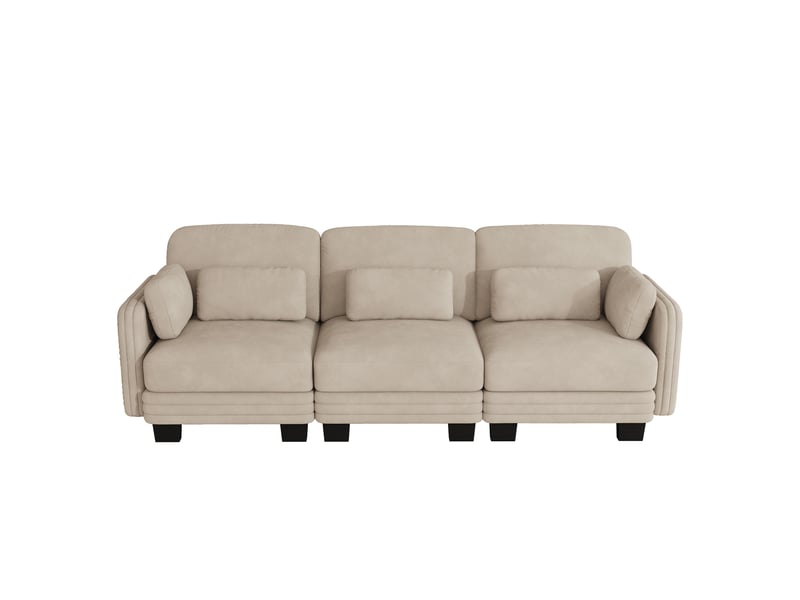  Canapé droit modulaire 3 places 253x88x88 cm, chenille, coussins lombaires et accoudoirs, beige clair  - Conforama A