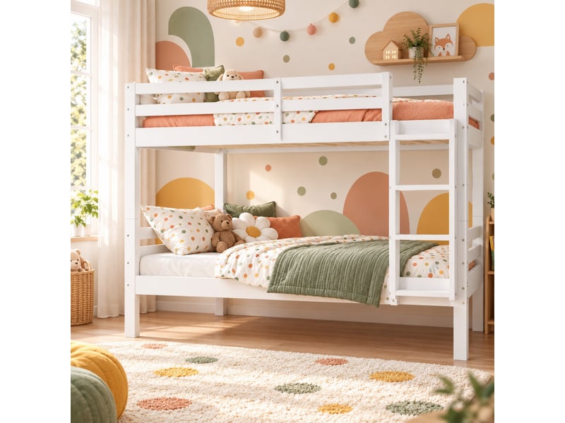  Lit superposé enfant 90 x 200 cm en pin, séparable en 2 lits simples, barrière de sécurité, échelle 3 marches, blanc  - Conforama E